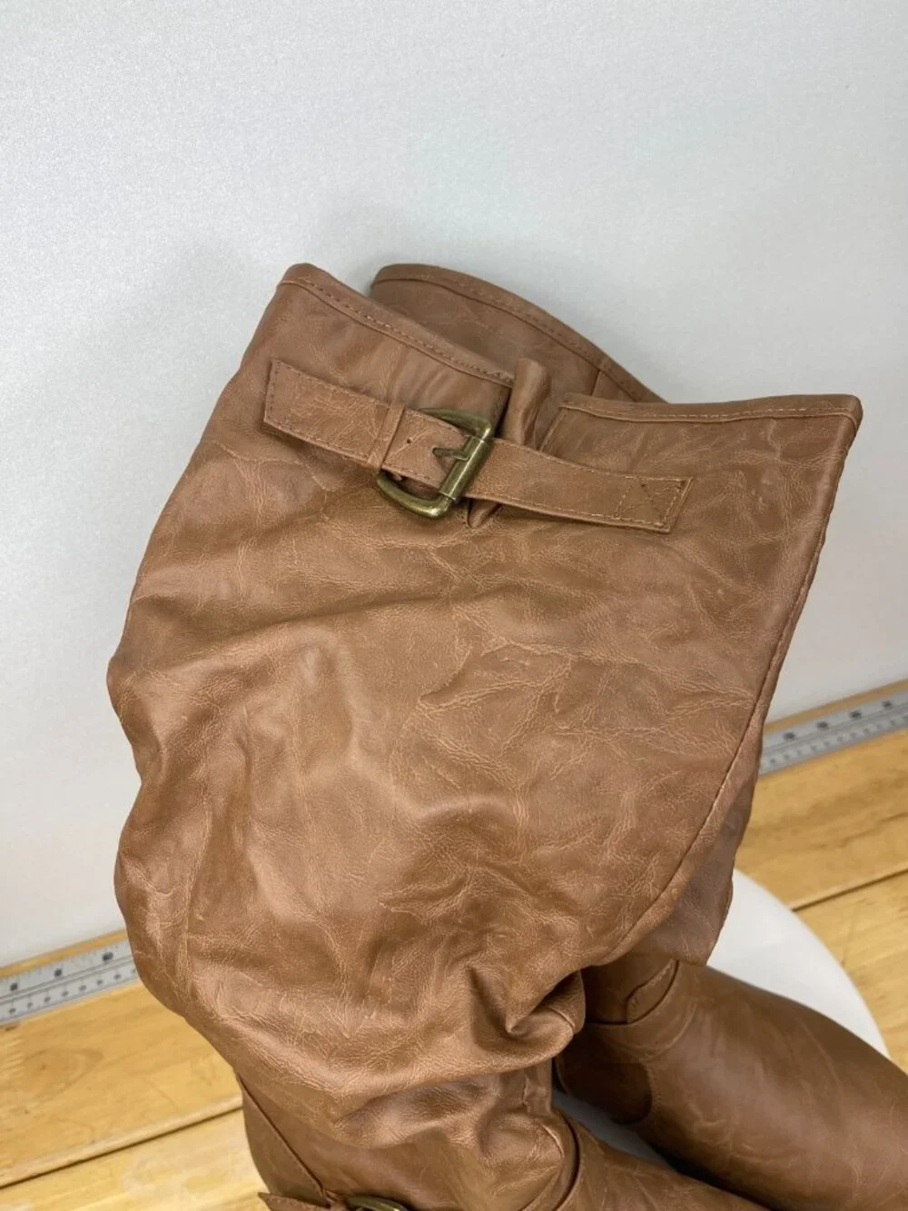 Women’s Tall Riding Boots Tan Buckle Strap Slouch Zip Size 9